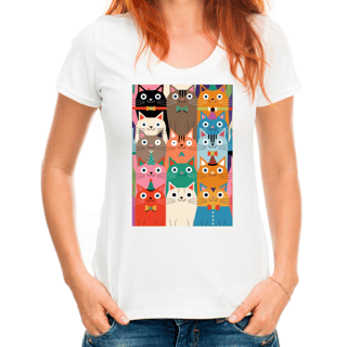 Nome do produto Camiseta Estampada Gatos Coloridos - Estilo Divertido e Exclusivo