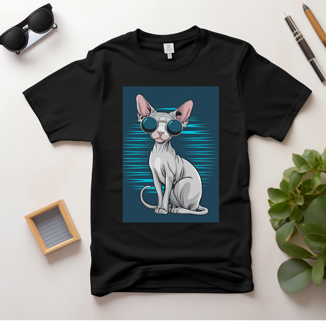 Camiseta Feminina Estilo Gato Sphynx com Óculos – Design Moderno
