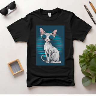 Camiseta Feminina Estilo Gato Sphynx com Óculos – Design Moderno