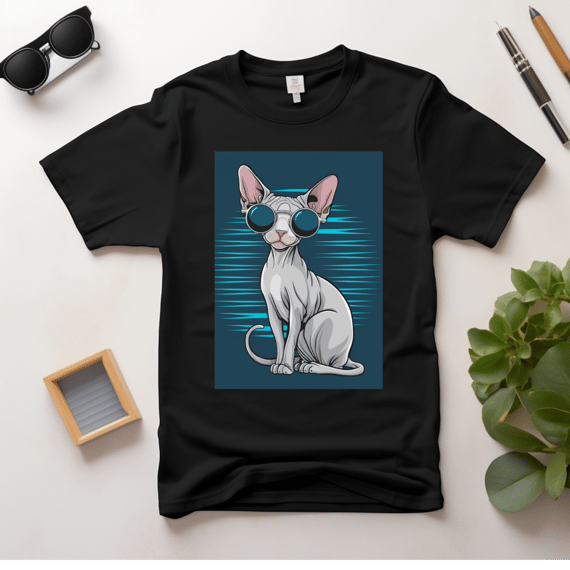 Camiseta Feminina Estilo Gato Sphynx com Óculos – Design Moderno