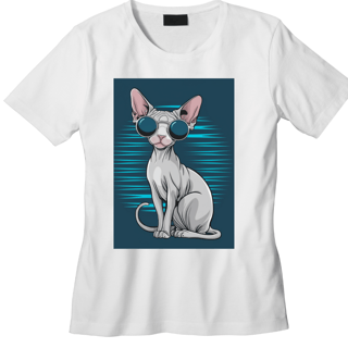 Nome do produto Camiseta Feminina Estilo Gato Sphynx com Óculos – Design Moderno