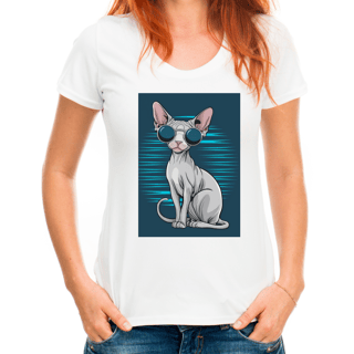 Nome do produto Camiseta Feminina Estilo Gato Sphynx com Óculos – Design Moderno