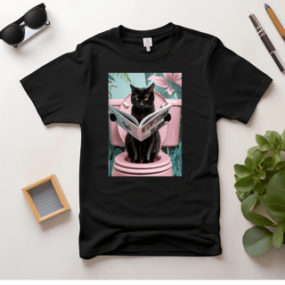 Nome do produto Camiseta Feminina Estampada Gato Preto Lendo Jornal – Design Divertido e Exclusivo