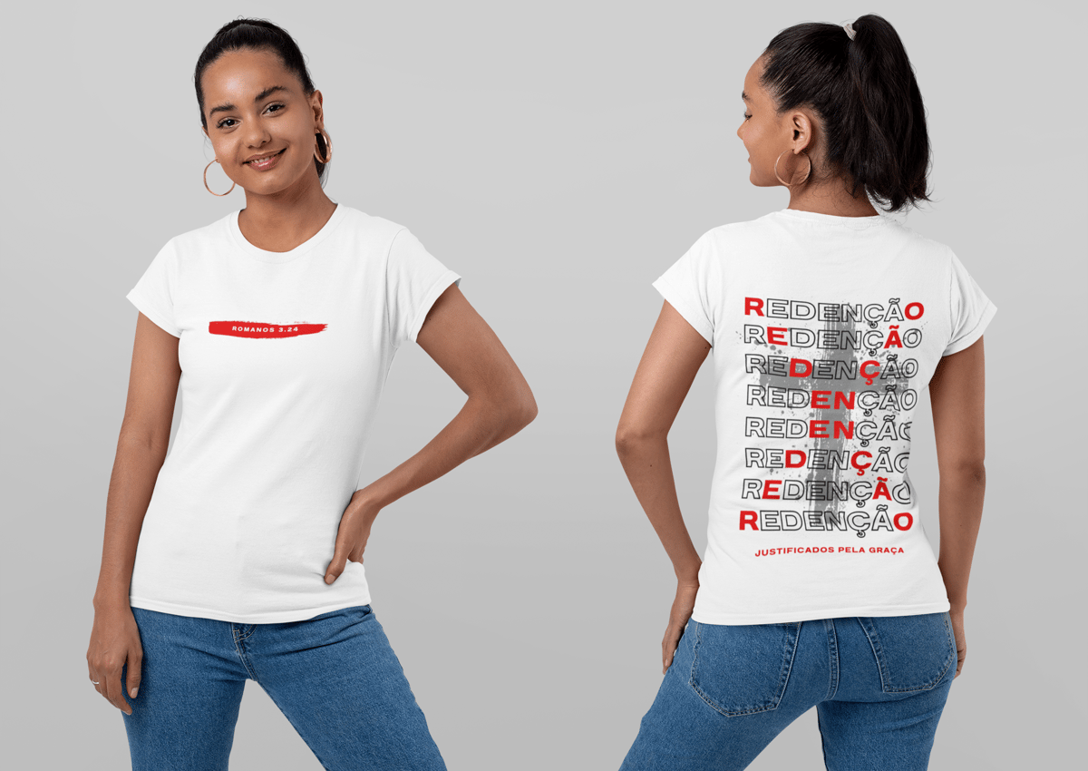 Nome do produto: Camiseta Feminina Redenção - Romanos 3:24 | Justificados pela Graça