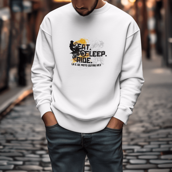 Eat, Sleep, Ride - Collab  Lá e de Moto Outra Vez  - Unissex, Moletom fechado