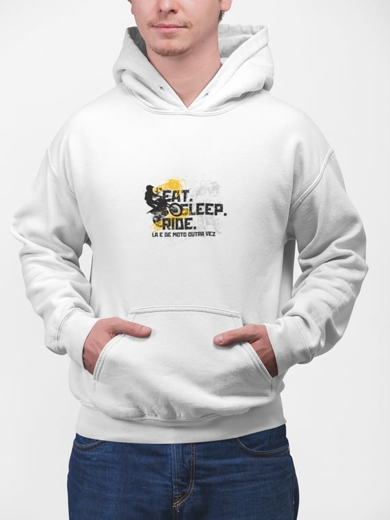 Eat, Sleep, Ride - Collab  Lá e de Moto Outra Vez  - Unissex, Moletom Canguru