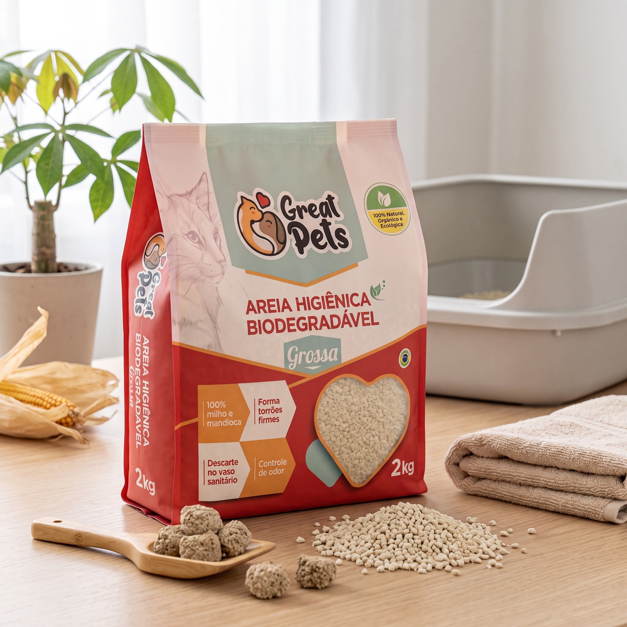 Areia Sanitária Gato Milho Mandioca Biodegradável 2kg Grossa Great Pets
