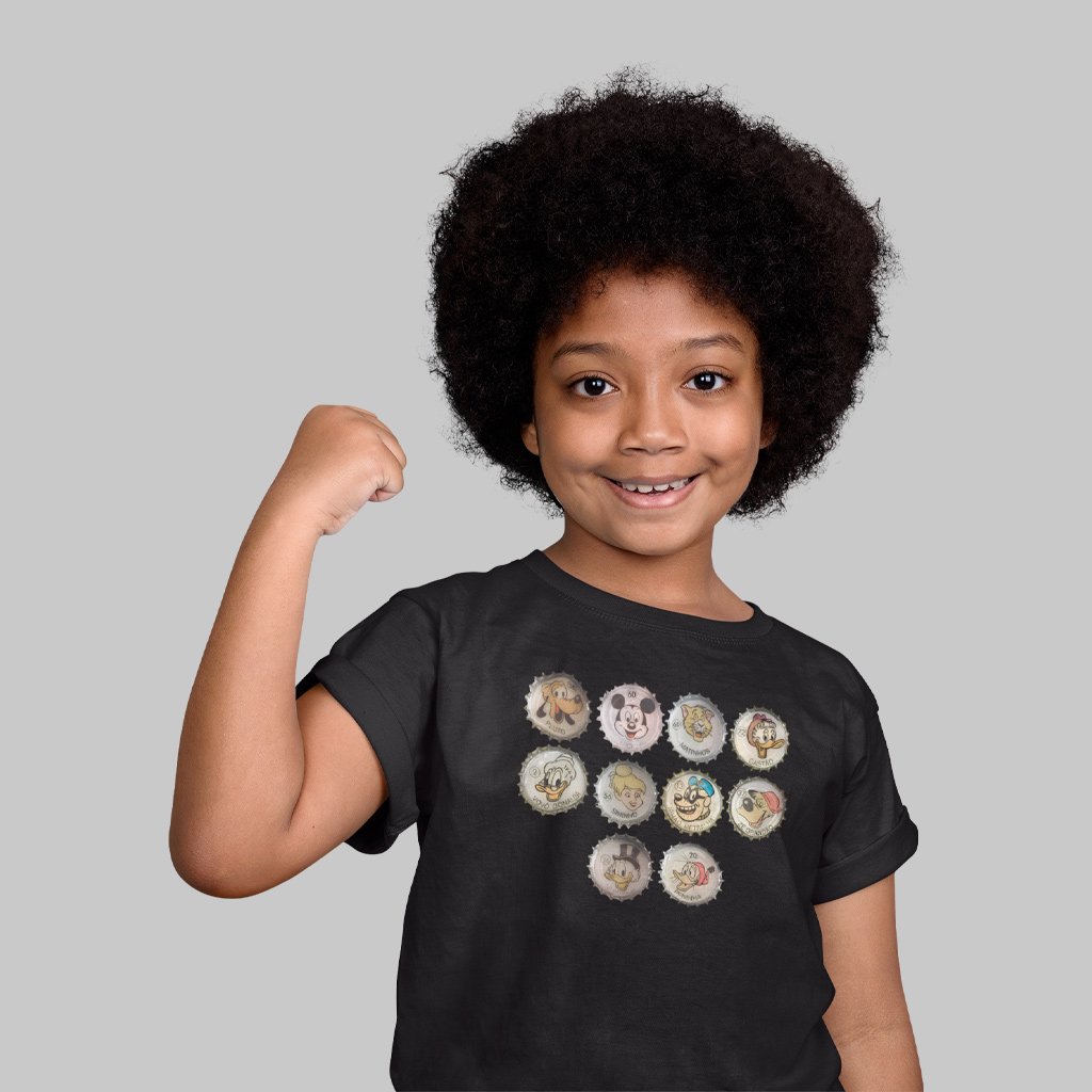 Nome do produto: Camiseta Infantil Tampinhas Retrô 80’s | Mini Colecionador de Memórias