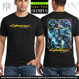 Nome do produto Camiseta Unissex Frente e Costas - Panteão Cyberpunk (Zeus)
