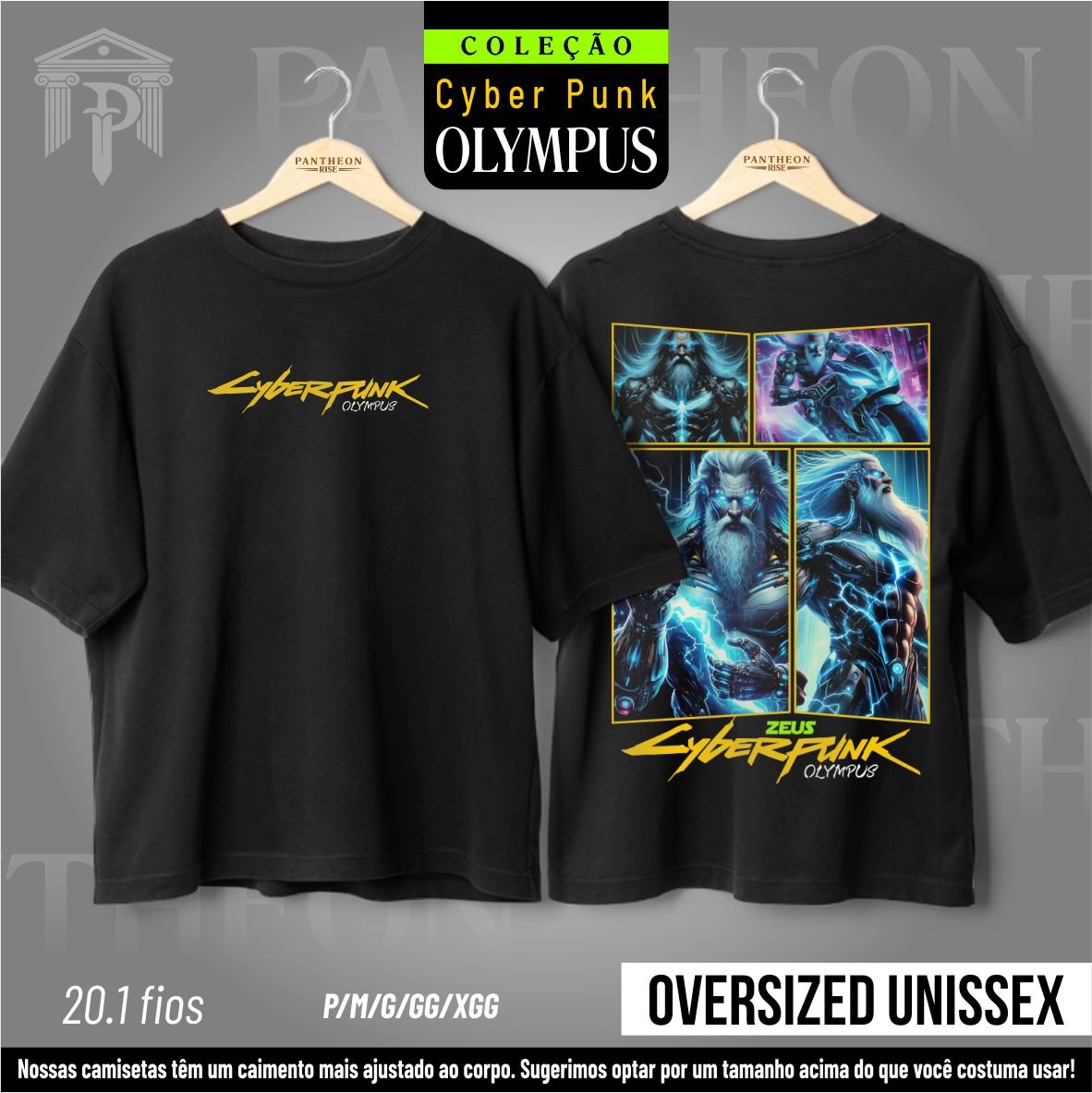Nome do produto: Oversized Unissex Frente e Costas - Panteão Cyberpunk (Zeus)