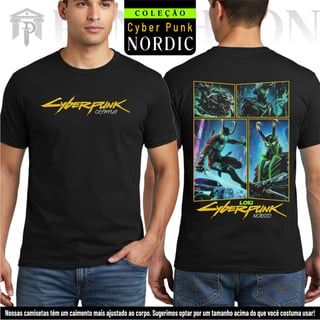 Nome do produto Camiseta Unissex Frente e Costas - Panteão Cyberpunk (Loki)