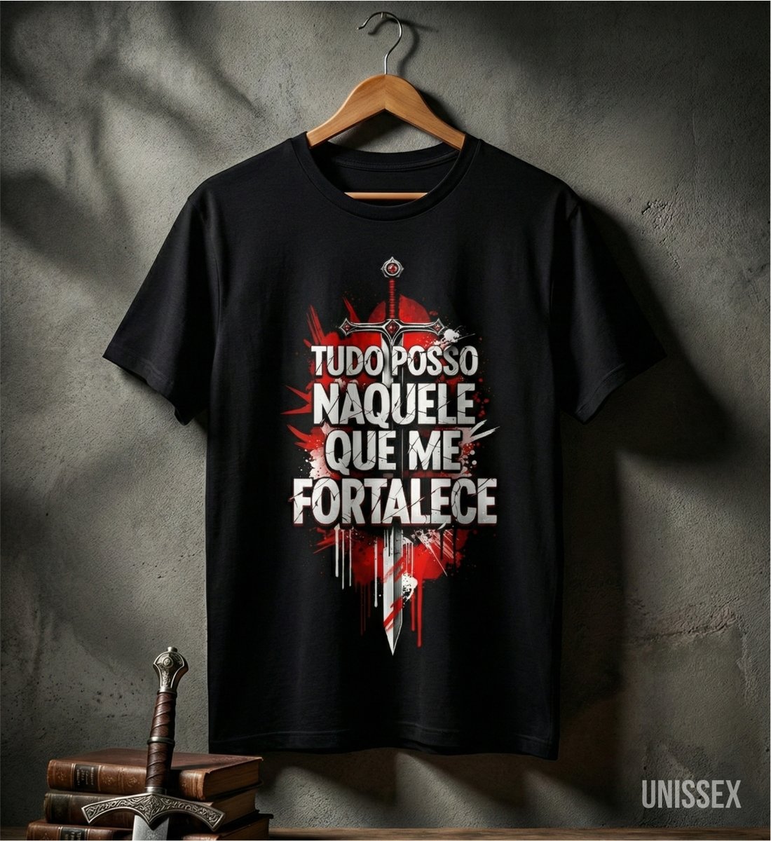 Nome do produto: Camiseta Unissex - Tudo Posso: A Espada da Vitória