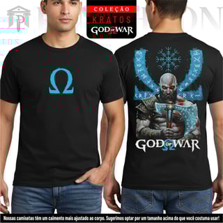 Nome do produto Camiseta Unissex Frente e Costas - Kratos e o Elmo do Terror