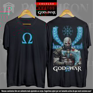 Nome do produto Camiseta Unissex Frente e Costas - Kratos e o Elmo do Terror