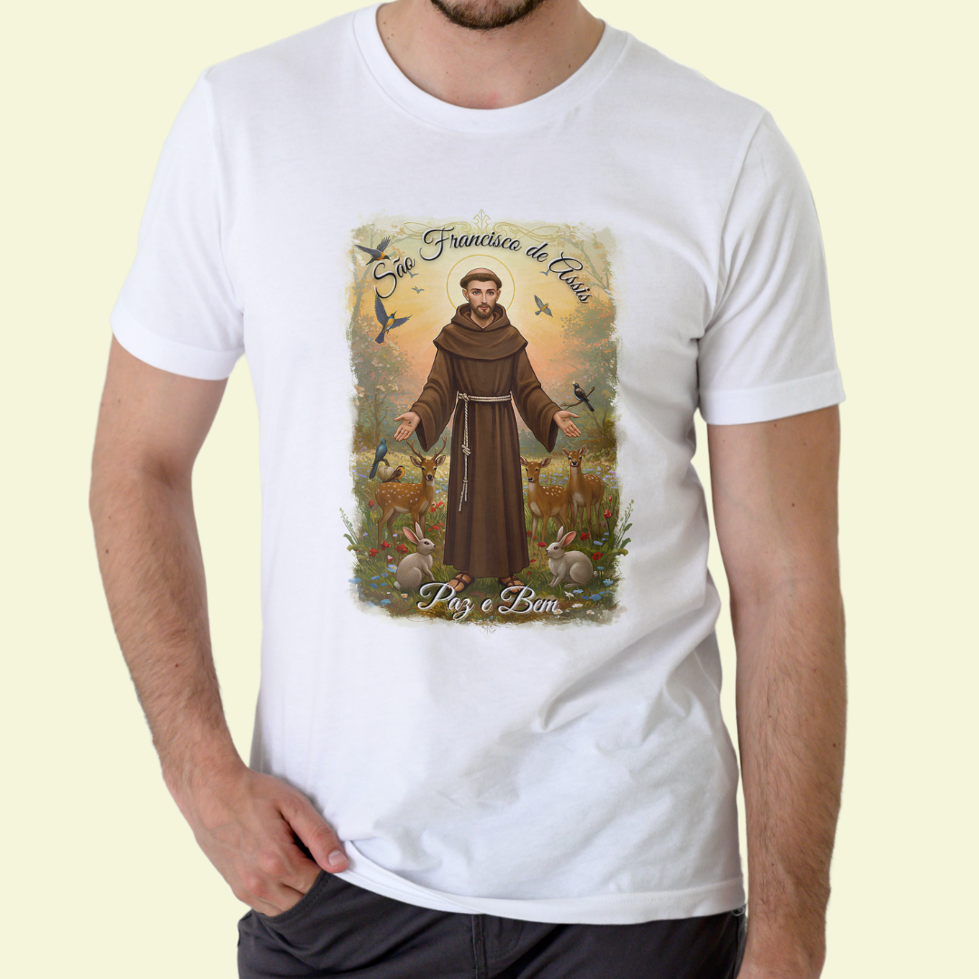 Nome do produto: Camiseta Religiosa - São Francisco de Assis Paz e Bem