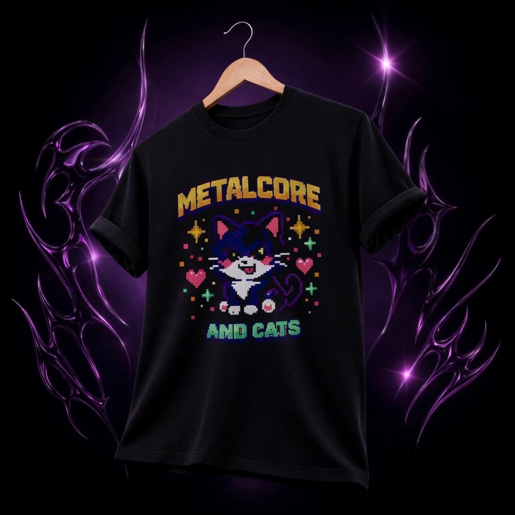 Nome do produto: [BÁSICA] CAMISETA “METALCORE AND CATS”
