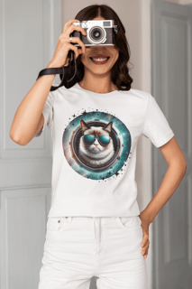camiseta feminina gato de oculos