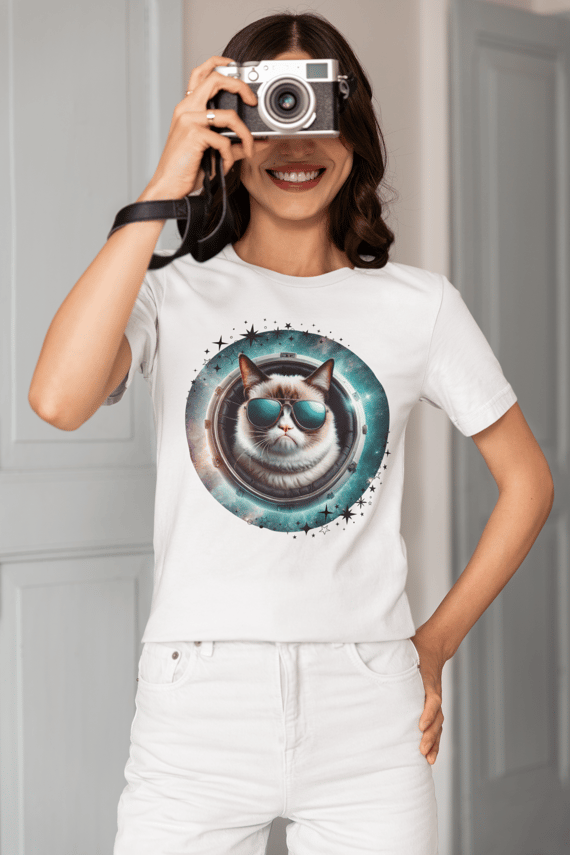 camiseta feminina gato de oculos