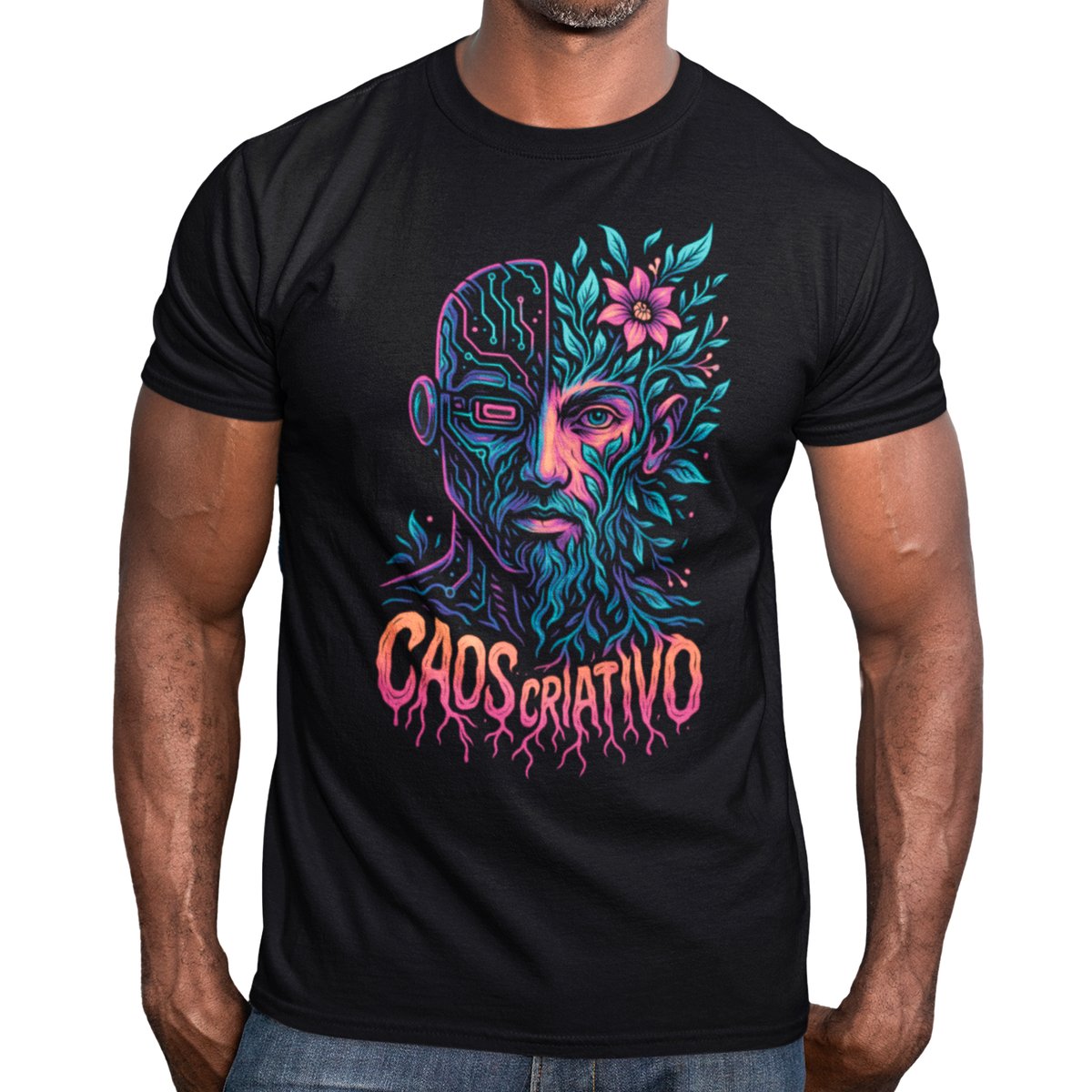 Nome do produto: Camiseta Caos Criativo Preta Ciborgue Urbana Algodão