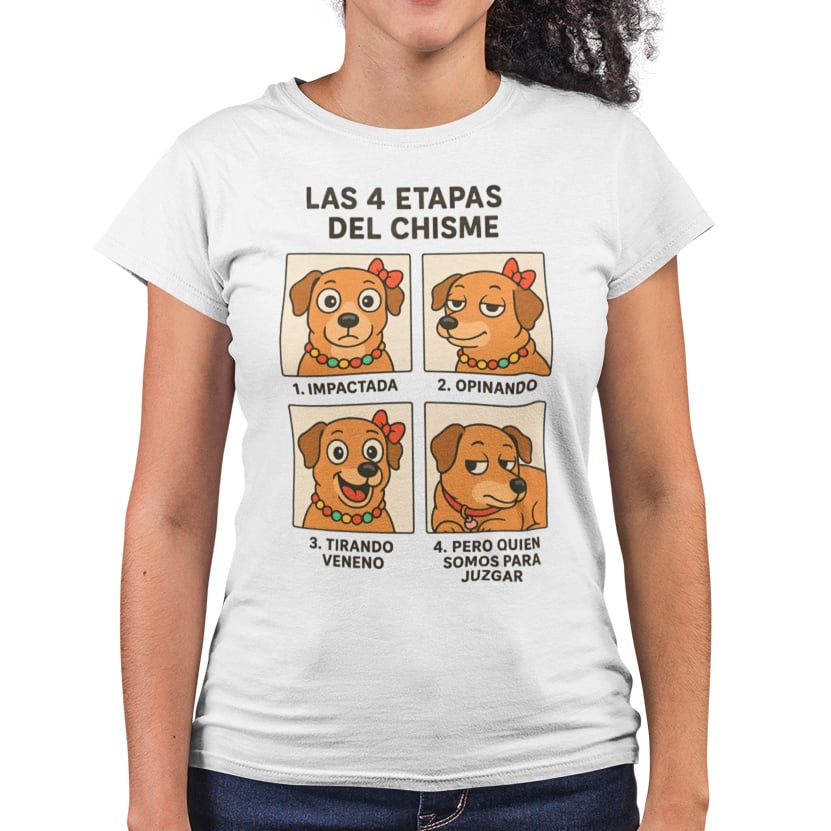 Nome do produto: Camiseta “Las 4 Etapas Del Chisme” Baby Look – HispanoMundi