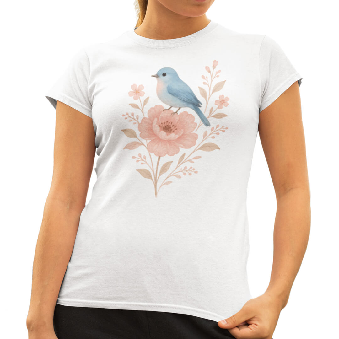 Nome do produto: Camiseta Flor Liberdade Branca Pássaro Azul Estampa Botânica Algodão