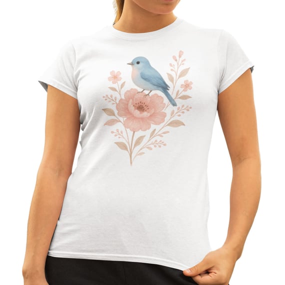 Camiseta Flor Liberdade Branca Pássaro Azul Estampa Botânica Algodão