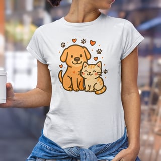 Camiseta Cão Gato Duo do Amor Estampa Fofa Criativa Algodão