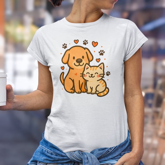 Camiseta Cão Gato Duo do Amor Estampa Fofa Criativa Algodão