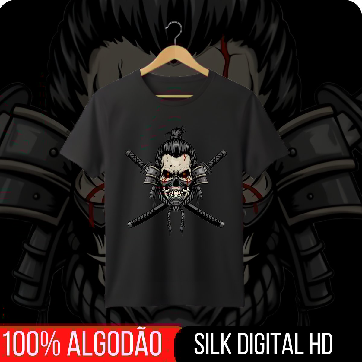 Nome do produto: camiseta samurai skull dual katanas 