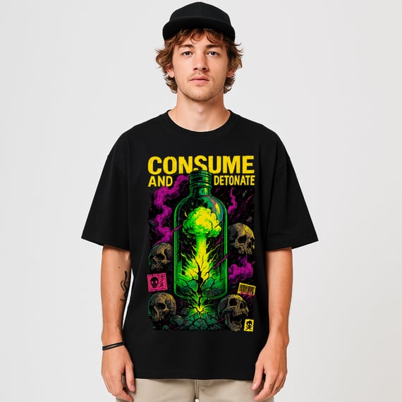 Camiseta Oversized Consume and Detonate – Estampa Urbana Explosão Tóxica | OxVibe Streetwear