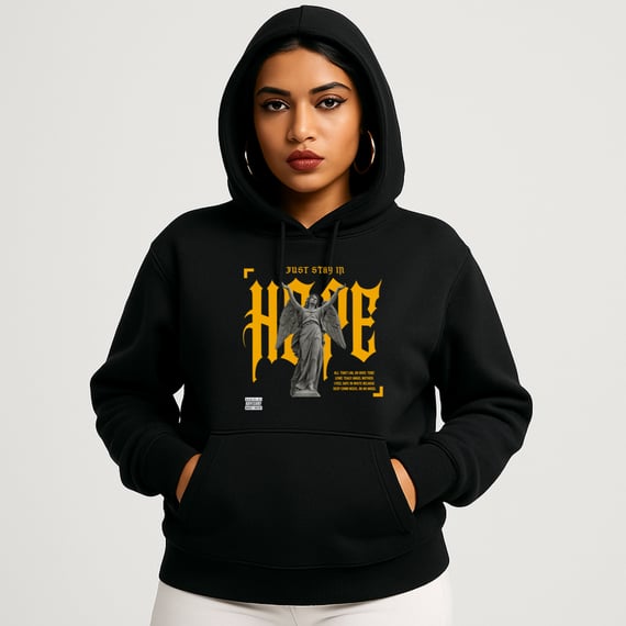 Moletom Canguru Preto Just Stay in Hope – Estampa Tipografia Gótica | OxVibe Streetwear