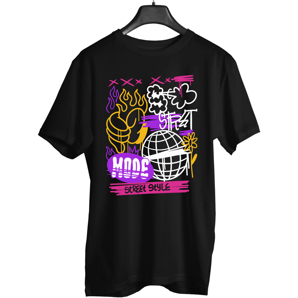 Nome do produto: Camiseta Streetwear Preta com Estampa Graffiti Street Mode – Moda Urbana Masculina