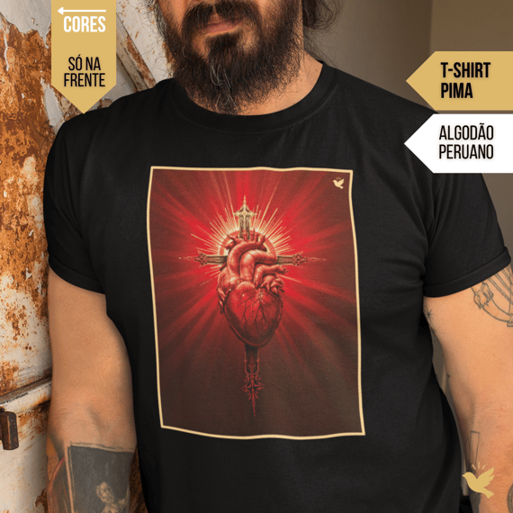 Sagrado Coração e Cruz - T-Shirt Pima