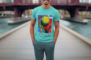 Nome do produto T-Shirt Estonada Abstrata de Tênis – Raquete e Bola em Arte Exclusiva