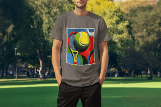 Nome do produto T-Shirt Estonada Abstrata de Tênis – Raquete e Bola em Arte Exclusiva