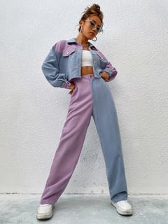 Nome do produto SHEIN MOOSTA Dois tons Ombro caído Jaqueta cropped & Cintura alta Calças