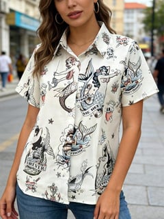 Nome do produto Top Branca Estilo Retrô Sereia para Mulheres, Top de Manga Curta com Botões Estilo Tatuagem, Parte Superior Casual de Verão Folgada