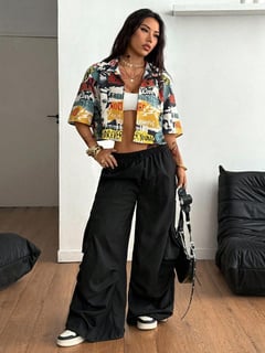 Nome do produto SHEIN Coolane Camisa Cropped Gráfica Solta Xadrez Vintage Preppy Hip-Hop Streetwear Verão Todas as Estações para Mulheres