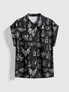 Goth Camisa Feminina Casual Gótica Retro Estampa de Lua e Planta