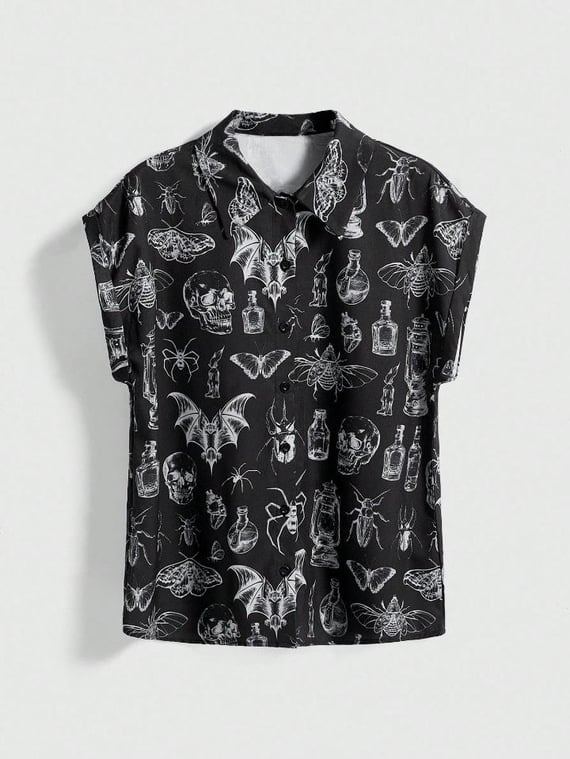 Goth Camisa Feminina Casual Gótica Retro Estampa de Lua e Planta