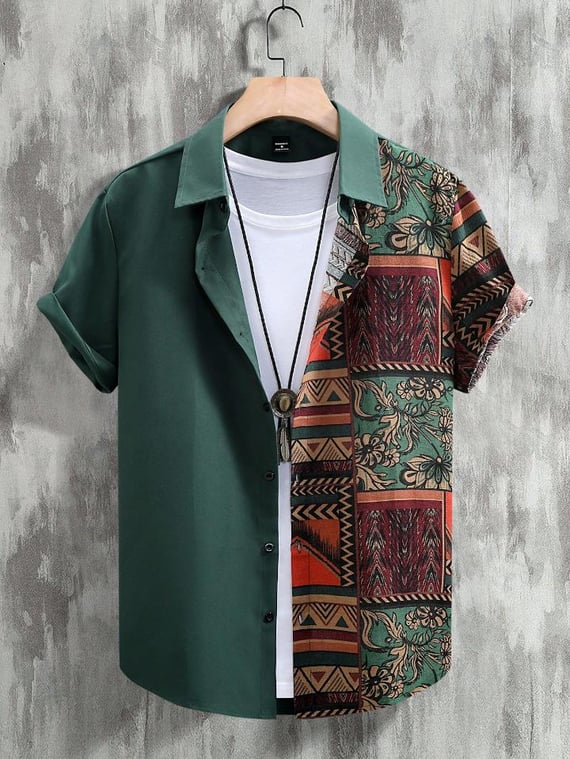 OTTIMOZO Camisa de Manga Curta Estampa Vintage Patchwork Homem (Corte Assimétrico)