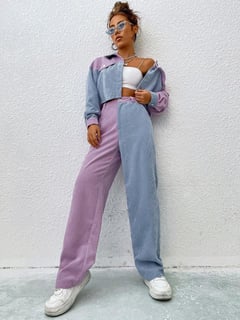 Nome do produto SHEIN MOOSTA Dois tons Ombro caído Jaqueta cropped & Cintura alta Calças