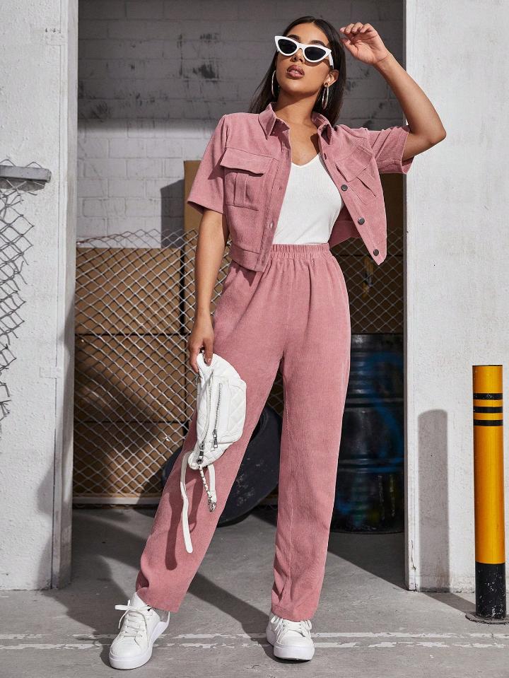 Nome do produto: Mulvari Conjunto de Camisa de Manga Curta e Calça de Uniforme Feminino com 2 Peças