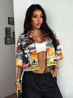 Nome do produto SHEIN Coolane Camisa Cropped Gráfica Solta Xadrez Vintage Preppy Hip-Hop Streetwear Verão Todas as Estações para Mulheres