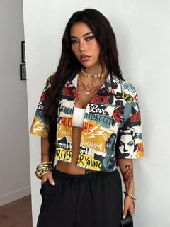 Nome do produto SHEIN Coolane Camisa Cropped Gráfica Solta Xadrez Vintage Preppy Hip-Hop Streetwear Verão Todas as Estações para Mulheres