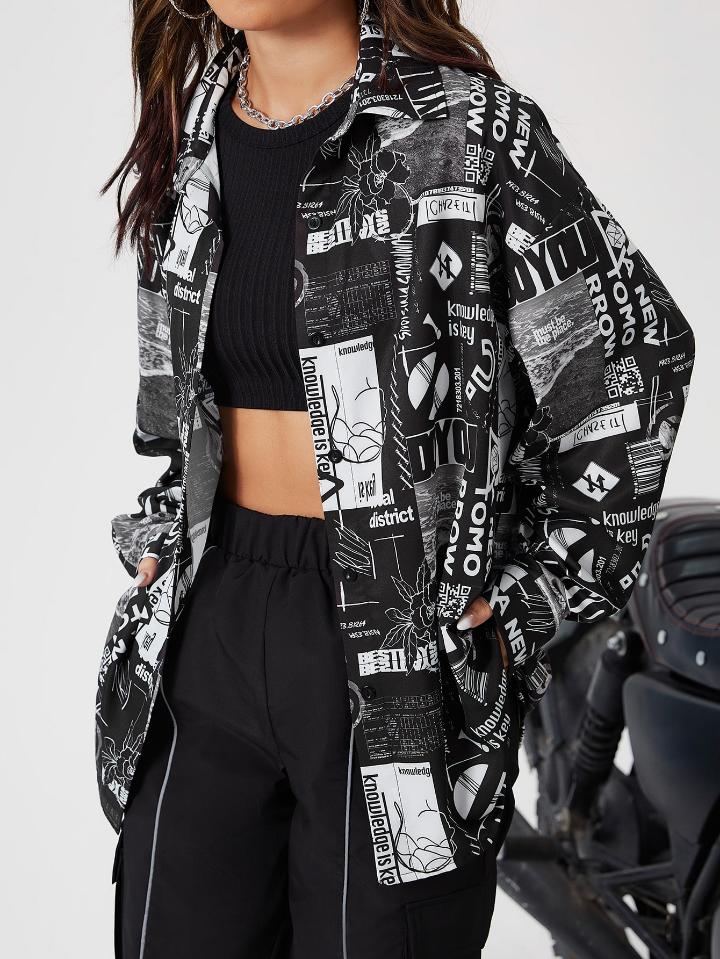 Nome do produto: SHEIN EZwear Camiseta com Estampa de Arte Pop e Ombro Caído