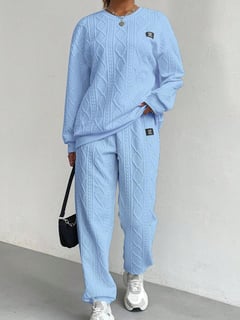 Nome do produto Conjunto de 2 peças com Calça Azul e Moletom de Manga Longa, Moda Simples Feminina