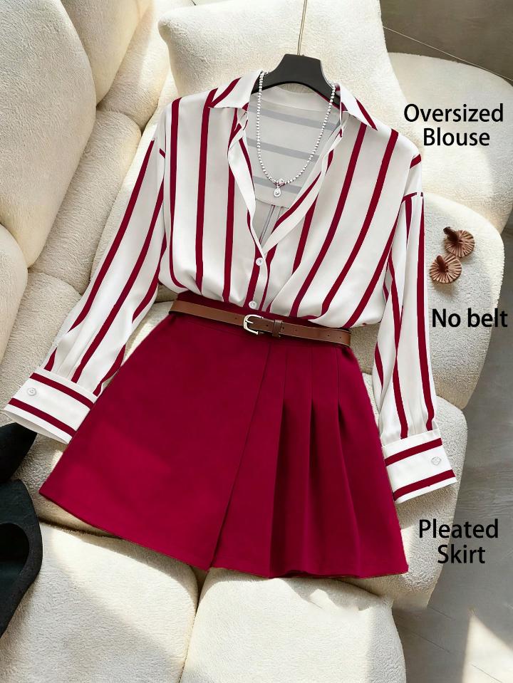 Nome do produto: GlowEve Conjunto de 2 peças elegante para mulheres, composto por Camisa Listrada e Saia Plissada Assimétrica