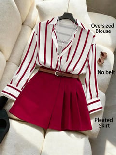 GlowEve Conjunto de 2 peças elegante para mulheres, composto por Camisa Listrada e Saia Plissada Assimétrica
