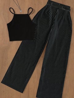 Nome do produto Conjunto de Colete e Calça Casual com Listras e Cinto Feminino, Adequado para Escritório e Jardim, Preto Primavera/Verão